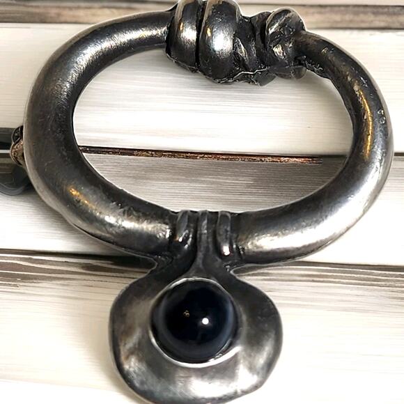 Vtg Eivind Hillestad Signed Norway 801 Pewter Brooch Scarf Fibula Pin Black Onyx - Picture 1 of 9